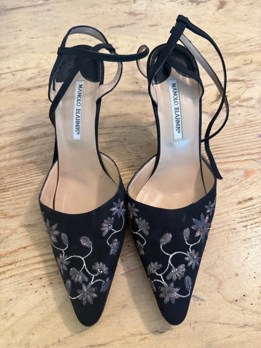 Manolo Blahnik Black Embroidered Pointed Toe Ankle-Tie Heels